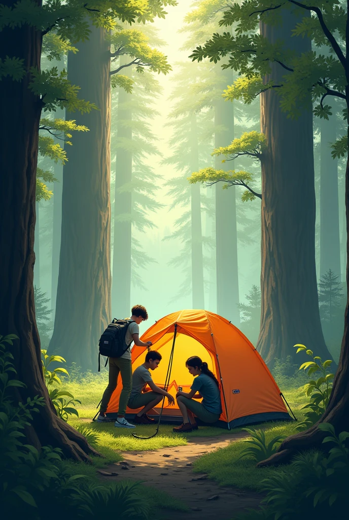 A group of 3 friends in a deep and large forest, setting up a tent.