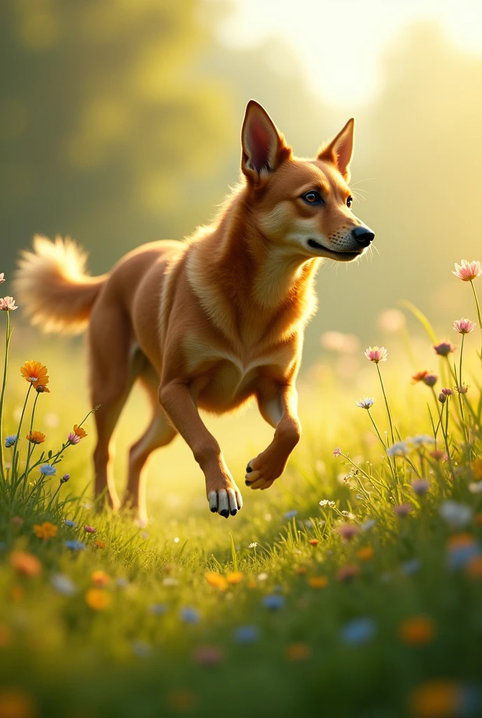 Female dog in profile running in the meadow