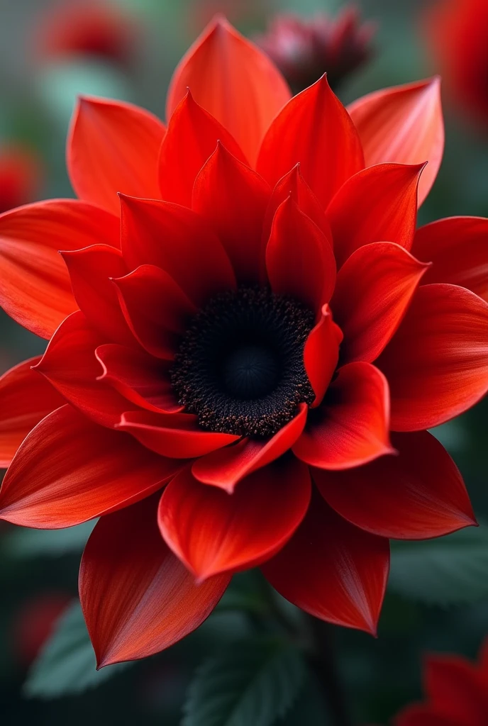 Flower with bright red leaves in the center black eye