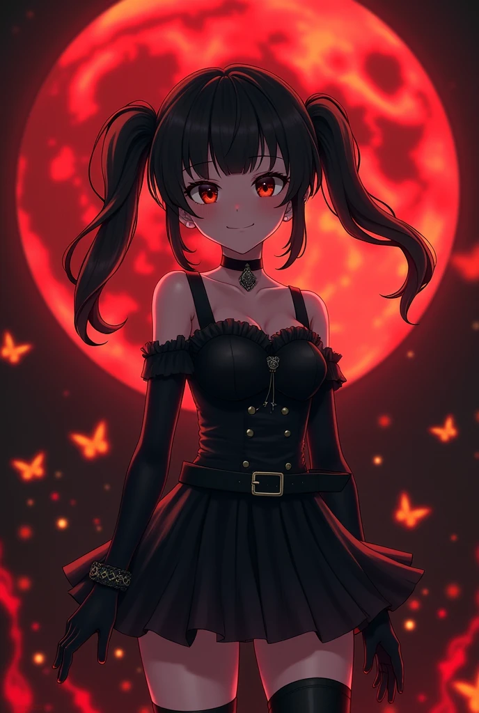 Upper body promotional artwork, alone, One girl, bangs, Black Hair, (Two Side Up Hair), black eyes with dark circles, eye shadow, compensate, smile, Yandere, skinny, Exposing shoulders, No sleeve, clavicle, Small breasts, Black choker, strap, Pleated black dress, belt, gloves, boots, Gothic Fashion, Thick thighs, Action pose, Dynamic pose, Flaming butterfly, Fascinating, whole body, feet, feet, so beautiful, Depths of Hell, Fantasy, amazing, Very detailed, Black and Red Theme, Fire light, night, dark, Soft lighting, Fire Particles, full moon, Blood Moon,latex,shaded  face(eyes in shadow)