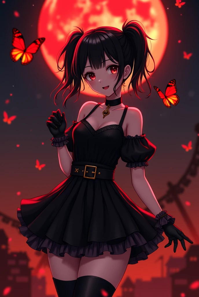 Upper body promotional artwork, alone, One girl, bangs, Black Hair, (Two Side Up Hair), black eyes with dark circles, eye shadow, compensate, smile, Yandere, skinny, Exposing shoulders, No sleeve, clavicle, Small breasts, Black choker, strap, Pleated black dress, belt, gloves, boots, Gothic Fashion, Thick thighs, Action pose, Dynamic pose, Flaming butterfly, Fascinating, whole body, feet, feet, so beautiful, Depths of Hell, Fantasy, amazing, Very detailed, Black and Red Theme, Fire light, night, dark, Soft lighting, Fire Particles, full moon, Blood Moon,latex,shaded face(eyes in shadow)