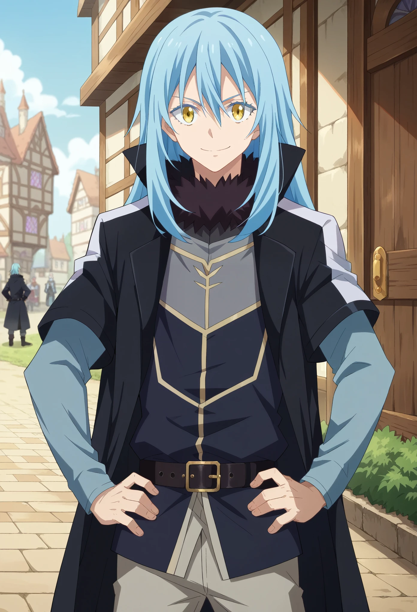 score_9, score_8_up, score_7_up, 1boy, solo, rimuru tempest, long hair, hair between eyes, blue hair, yellow eyes, long sleeves, open clothes, belt, pants, coat, black pants, buckle, black belt, open coat, black coat, belt buckle, grey pants, standing, smiling, hands on hip, looking at you, medieval village