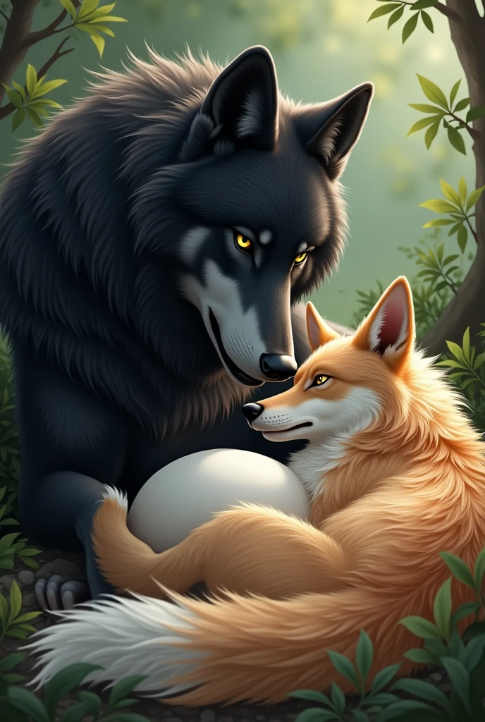 Couple of beautiful wolves, a big one with black fur, green eyes and a big alpha  (Wolf man, werewolf,big beautiful wolf)  and her companion, a strawberry-blonde wolf with amber eyes and a white tail on the tip (a beautiful woman with strawberry blonde hair and amber eyes )in a bed the pregnant wolf is lying next to the wolf playing so happily , wolf is angry 