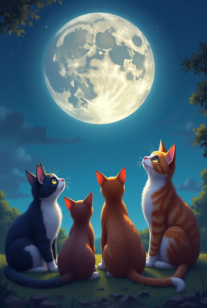 cats looking at a huge moon