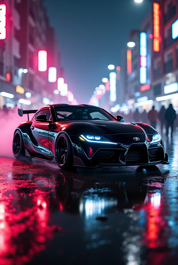 A toyota supra mk5 fully modified and upgraded with black shining colour with best rims and tyres and fully upgraded doing drifting infront of people in karachi pakistan with neon lights with raining