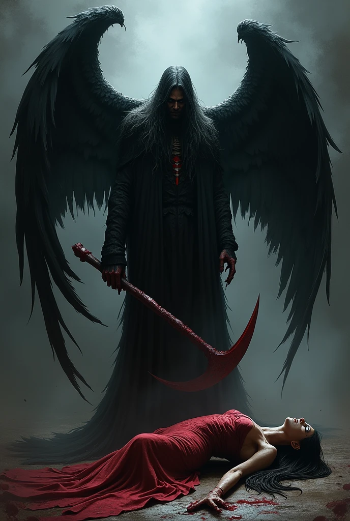 Death with aspect  , dark and Machiavellian , Black Wings ,killing a > with his scythe, the angel is fallen covered in blood , the destroyed handles 
