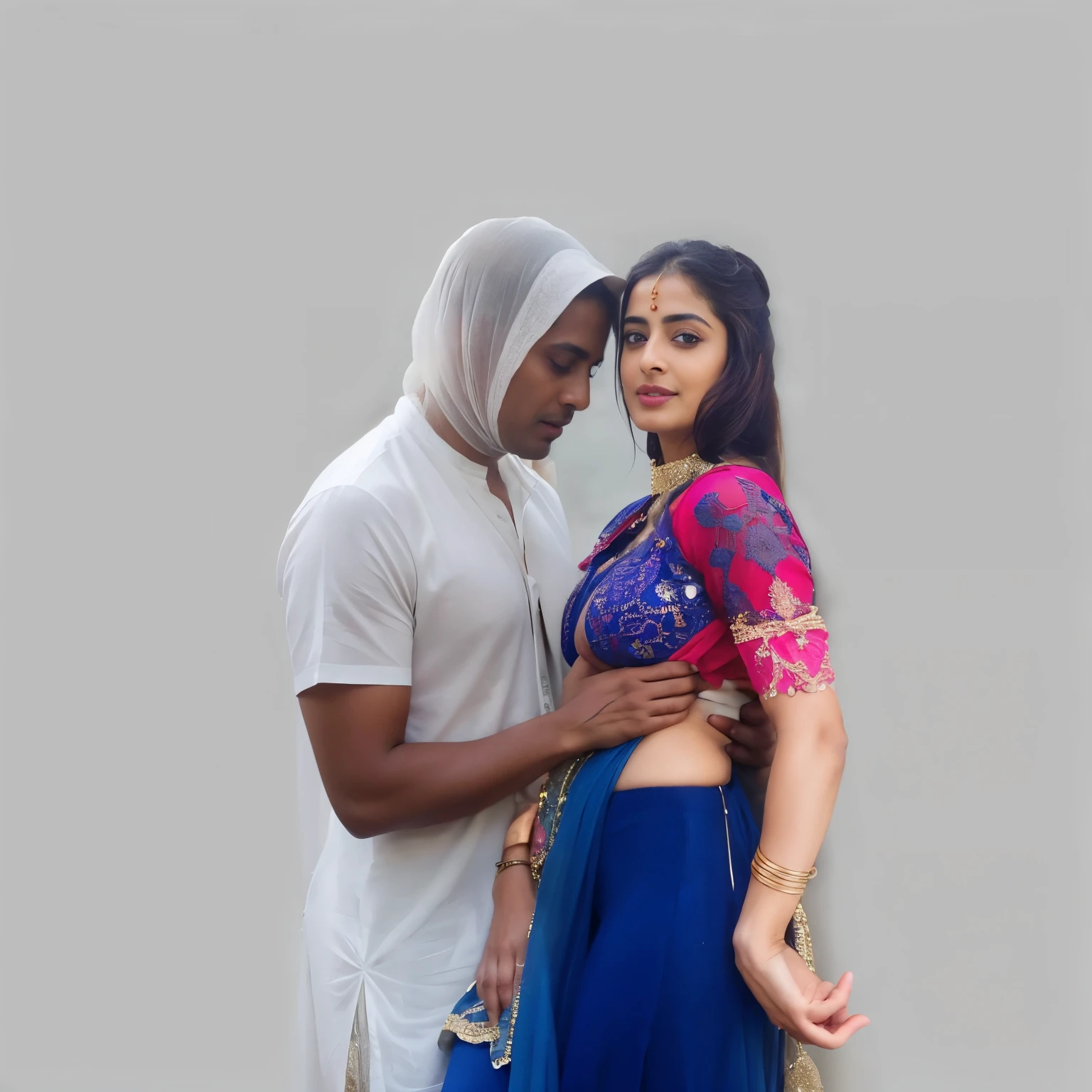 extreme close up photo of sexy mahie gill showing breasts to viewer from top view, swooping breasts, deep cleavage, look at viewer and subtle smile, seductive eyes, sultry, blue lace salwar, ponytail, 38 yo, HD, 4k, ultra high quality, (cinematic:1.3), intricate details, (ArtStation:1.2)