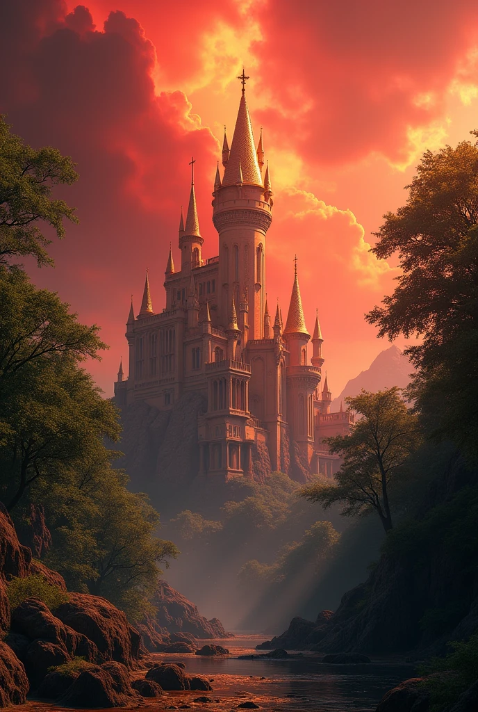 Golden tall castle with red sky, around a forest , ((photorealistic))