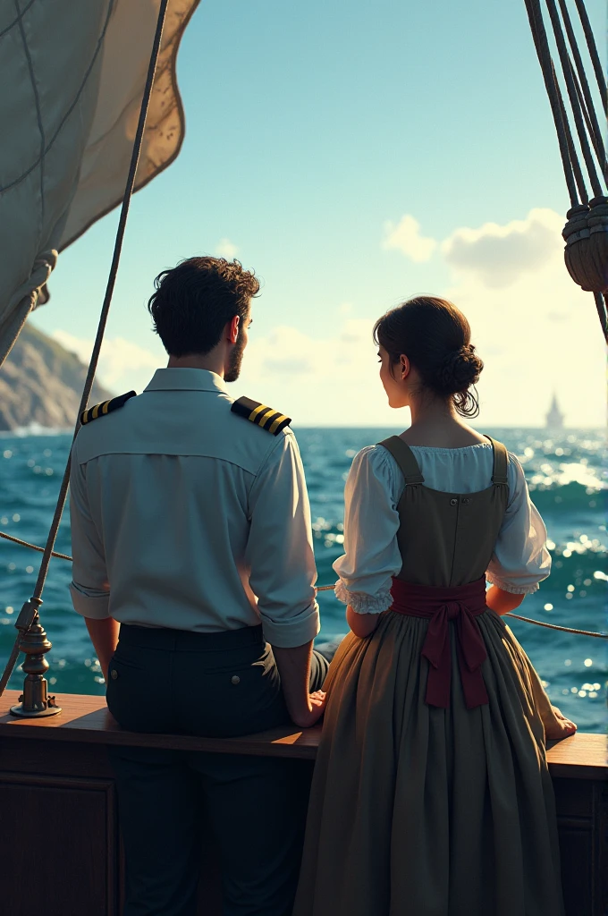A male captain and a waitress wearing an apron in old-fashioned attire are sitting on a sailboat with waves and the sky in the background. They are both turned away, looking out into the distance.