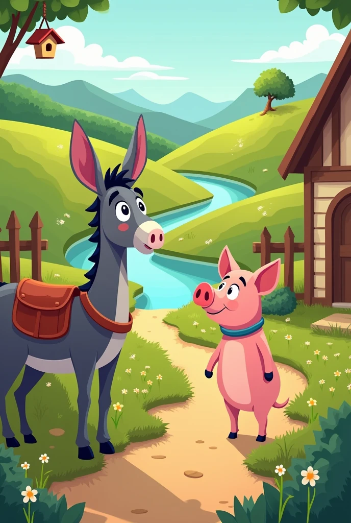 Hello, I need you to create images for me about the fable " The Donkey and the Pig "