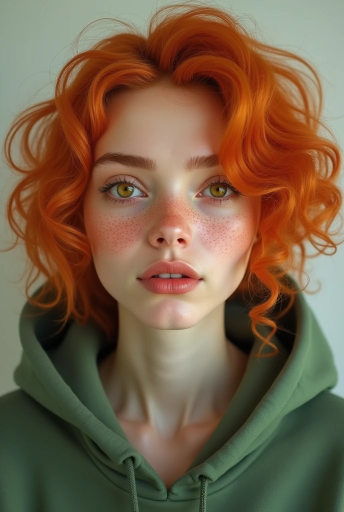 A beautiful woman with curly orange hair, yellow eyes, freckles on her skin, wearing a green hoodie  