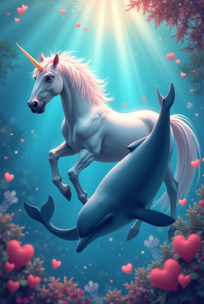 Unicorn and strong and big and strong dolphin swimming rainbow and heart and star