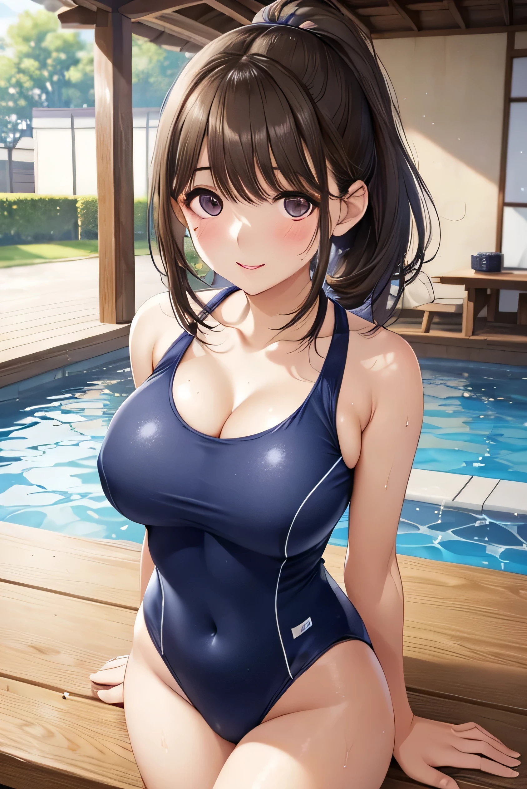 Nene Kasaki々、Shiny brown hair, short hair, (Beautiful brown eyes、Sparkling eyes, fine grain)、smile、Big Breasts,Very beautiful eyes、Highly detailed face, Highly detailed eyes,
(masterpiece,Highest quality,Ultra-high resolution),Japanese women, (((Very beautiful girl))), pretty girl、Look at the photographer、
((Beautiful low ponytail)), Very cute face, Glossy Lips, Double eyelids on both eyes,Natural smile、 Natural Makeup, Long eyelashes, Shiny and smooth hair、Center image, Perfect limbs, Perfect Anatomy,(((Navy School Swimsuit、High leg cut)))、Please move the shoulder straps,Nipples are visible,((See through)),Sweat,,Pool