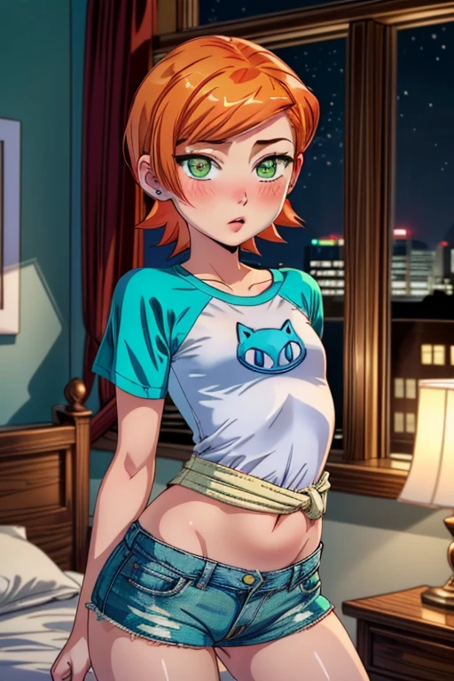 (Masterpiece), Best quality, ultra-detailed, 1 girl (classic, solo, orange hair, short hair, green eyes), attractive face, parted lips, blush, solo, body, white and blue t-shirt, denim shorts, in the bedroom, at night, standing, sexy waist tease, seduction