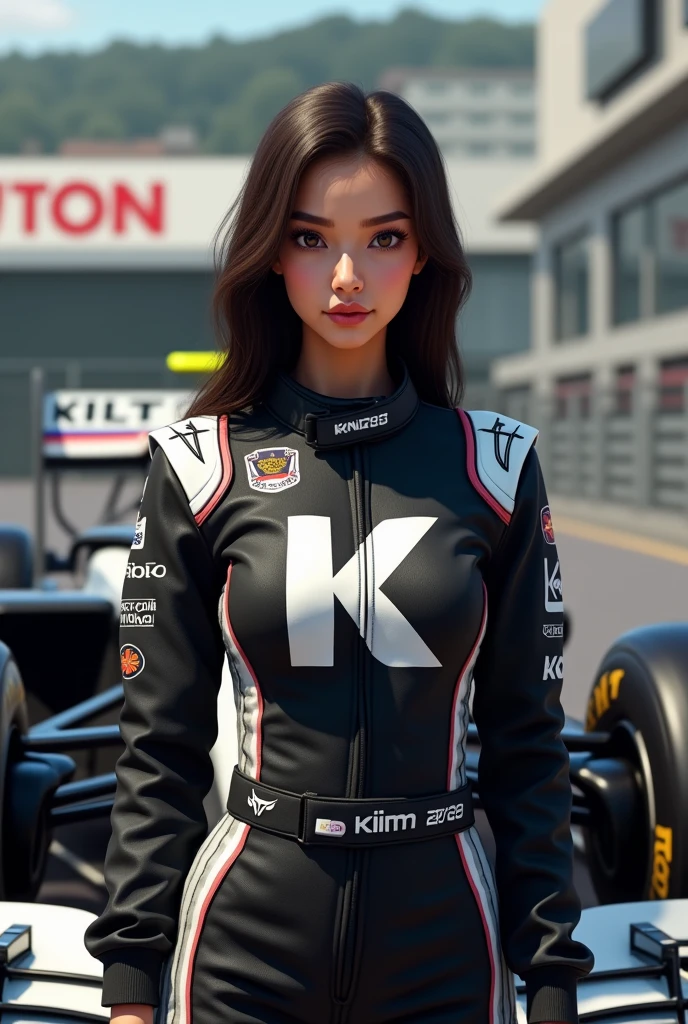 20 year old Filipino f1 driver wearing black and white tracksuit with chrome as sponsor with a large “K” on the suit (no helmet) with f1 car on the background