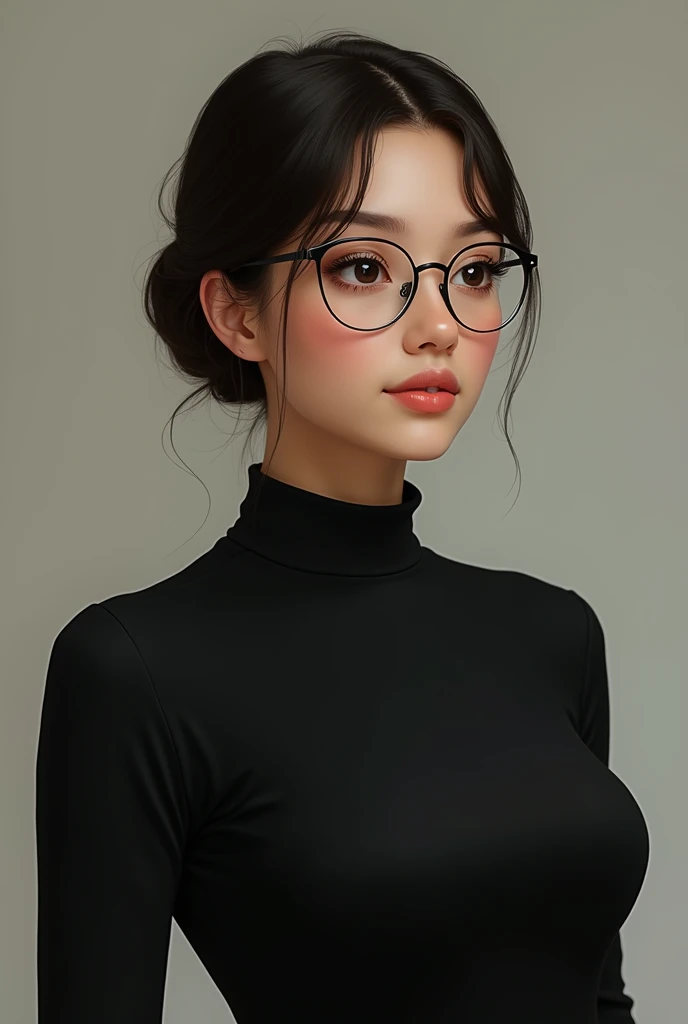 Light brown skinned girl with glasses wearing a black modest dress