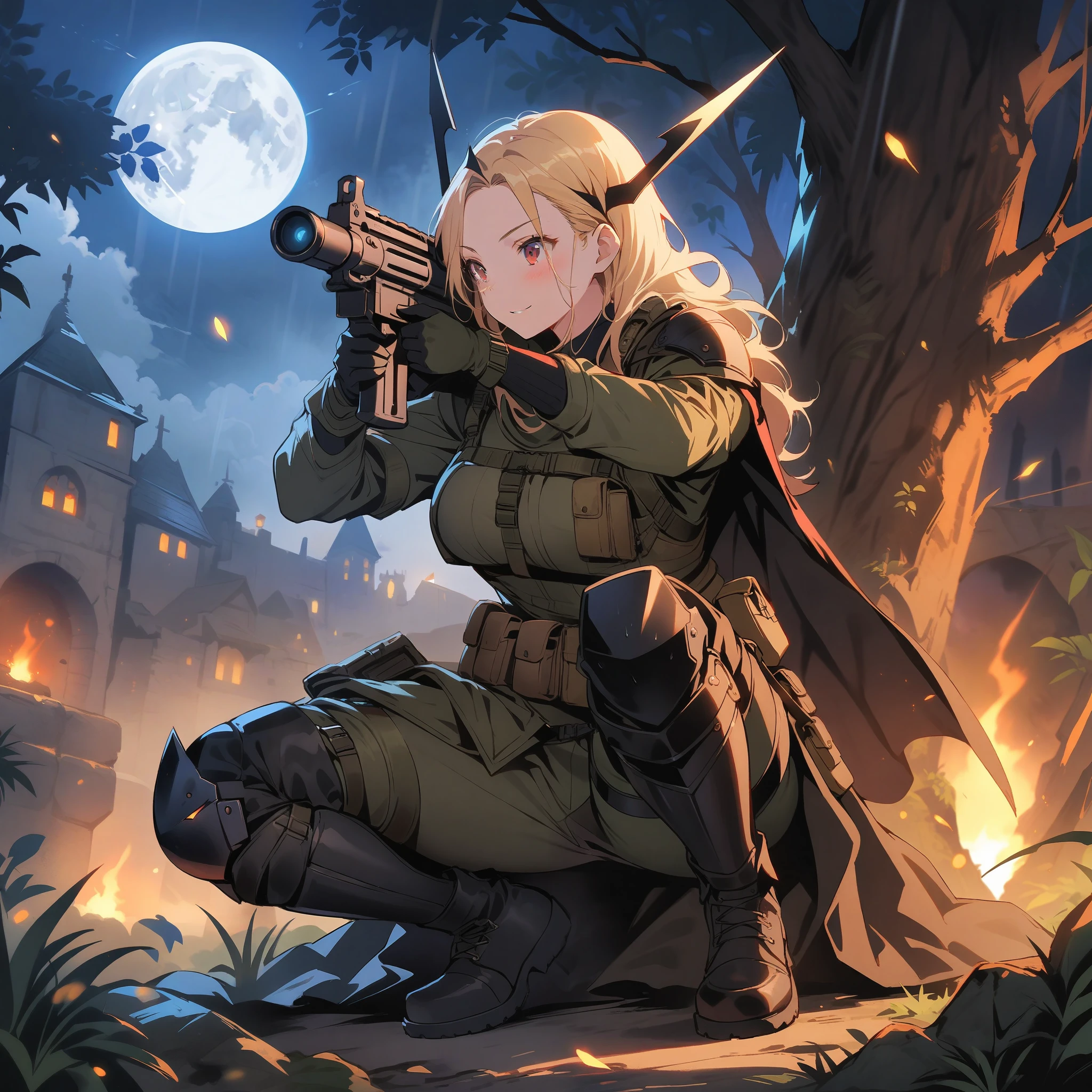 (obra maestra, mejor calidad:1.2), 1 chica, solo, Tactical knight, light armor, tactical equipment, tactical straps, leather equipment, tactical accessories, knight accessories, 1girl, medieval background, tactical armored boots, light equipment, 1girl, tactical explorer equipment, tactical comand equipment, tactical combat equipment, tactical straps, mission cover in the jungle durant torment, tactical assault, hunting the targert, night jungle background, moon in the sky, rain night, dynamic background, aim at the target, assault rifle, ready to shoot pose, on the branch of a tree, attention to detail, masterpiece, dark clothes, full body, darkness night