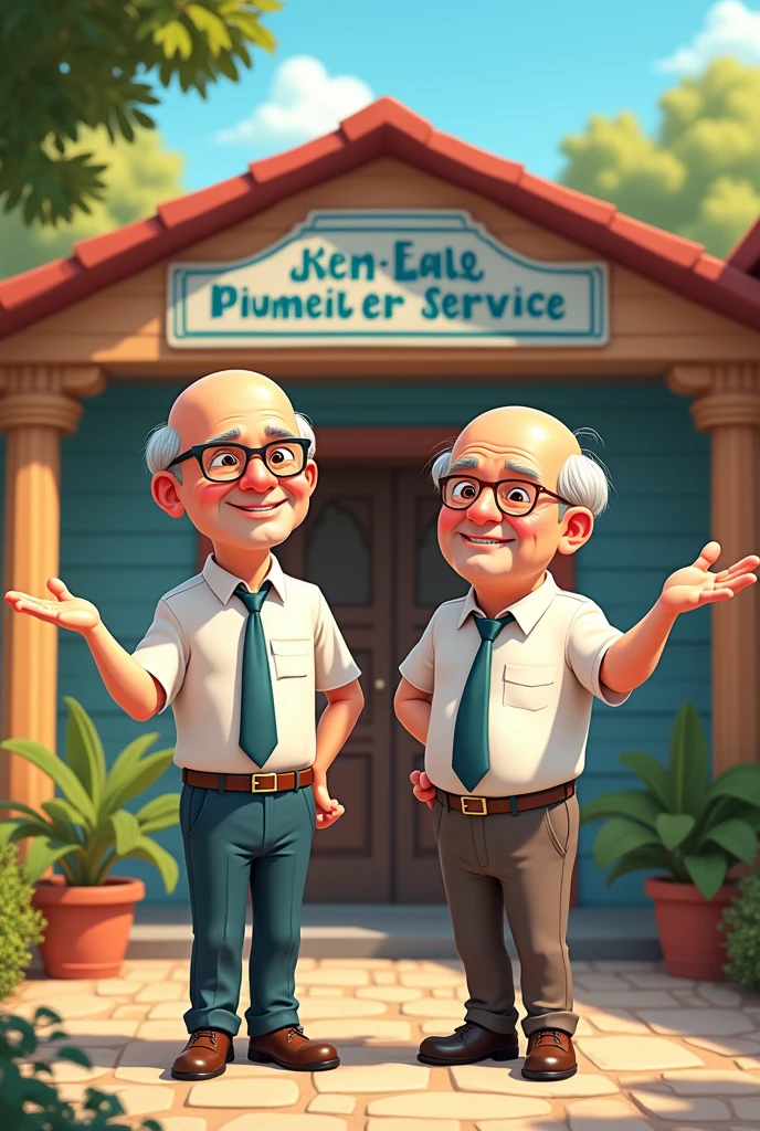 cartoon. 2 Caucasian men, both bald, with glasses and shaved. about 50 years old. Welcome to : the school of the pioneer service. They are both well dressed in shirt and tie.. One of them is gray-haired. pixar style