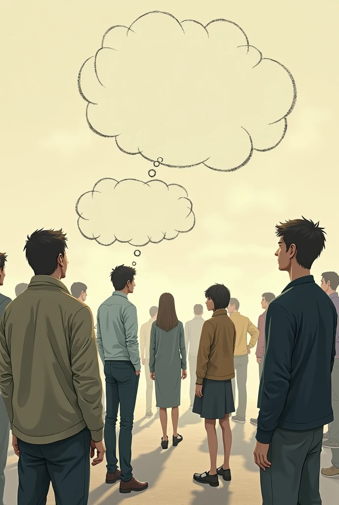 A group of people where one person stands out for thinking differently than the others., He has different thoughts from the others in the group and is noted for it., let there be space, that it is at a distance from the group and that the opinions are shown in a balloon, the different person with a different opinion from the other members of the group who think the same
