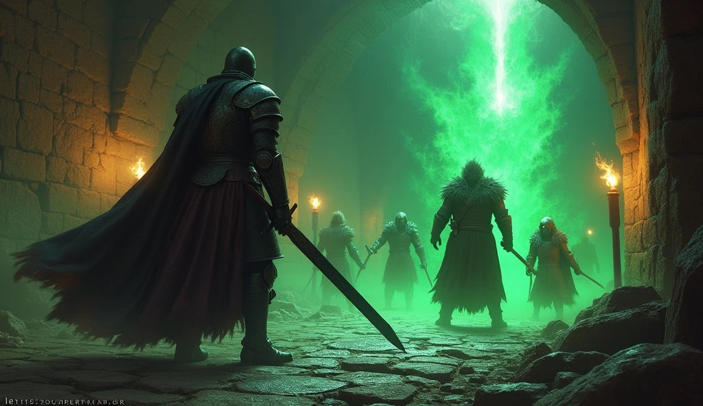 A dark medieval dungeon illuminated by flickering torchlight. In the center, a knight in full medieval armor wields a large two-handed sword, preparing to strike. Beside him, a wizard dressed in traditional medieval robes casts a green healing spell, with the energy flowing towards the knight. They are surrounded by enemies: a fearsome werewolf and several small, green goblins wielding axes, all ready to attack. The scene is tense, with shadows dancing on the stone walls, highlighting the heroic battle unfolding in this ancient, torch-lit dungeon