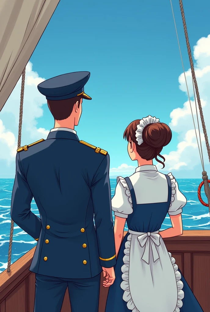 A male captain and a waitress wearing an apron in old-fashioned attire are sitting on a sailboat with waves and the sky in the background. They are both turned away, looking out into the distance. cartoon