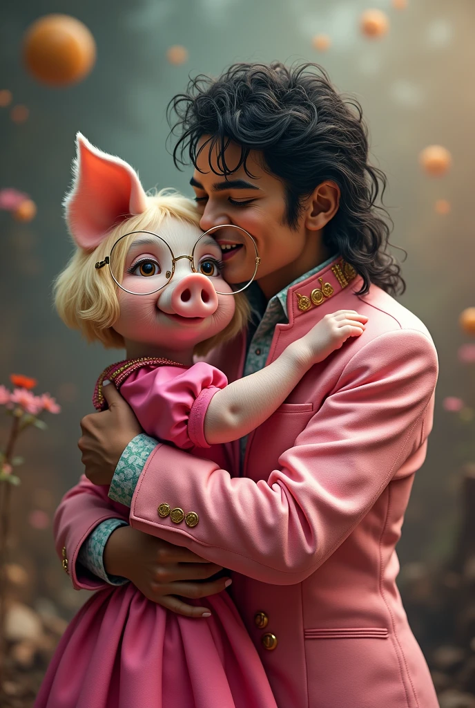Generates Michael Jackson hugging a pig with glasses, pink dress and a woman's wig
