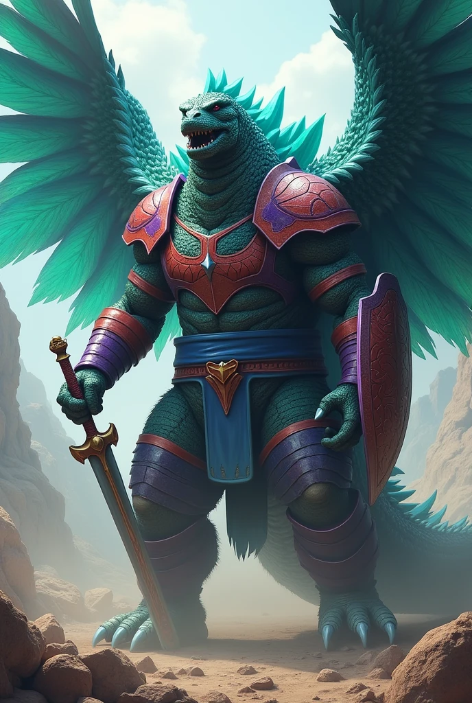 Godzilla with huge wings Blue green feathers, with red armor, purple armor, blue belt, holding sword and shield