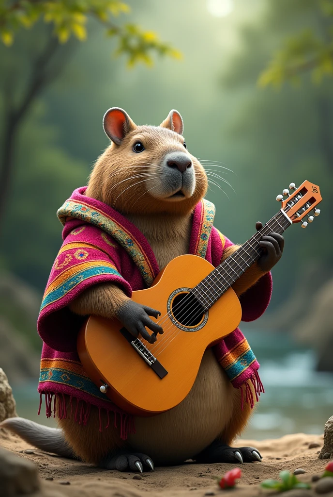 A capybara with a poncho playing the guitar