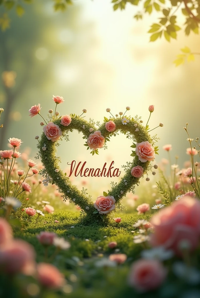 Draw me my name "METUSH ♡ QENDRESA"with flowers and hearts nature behind