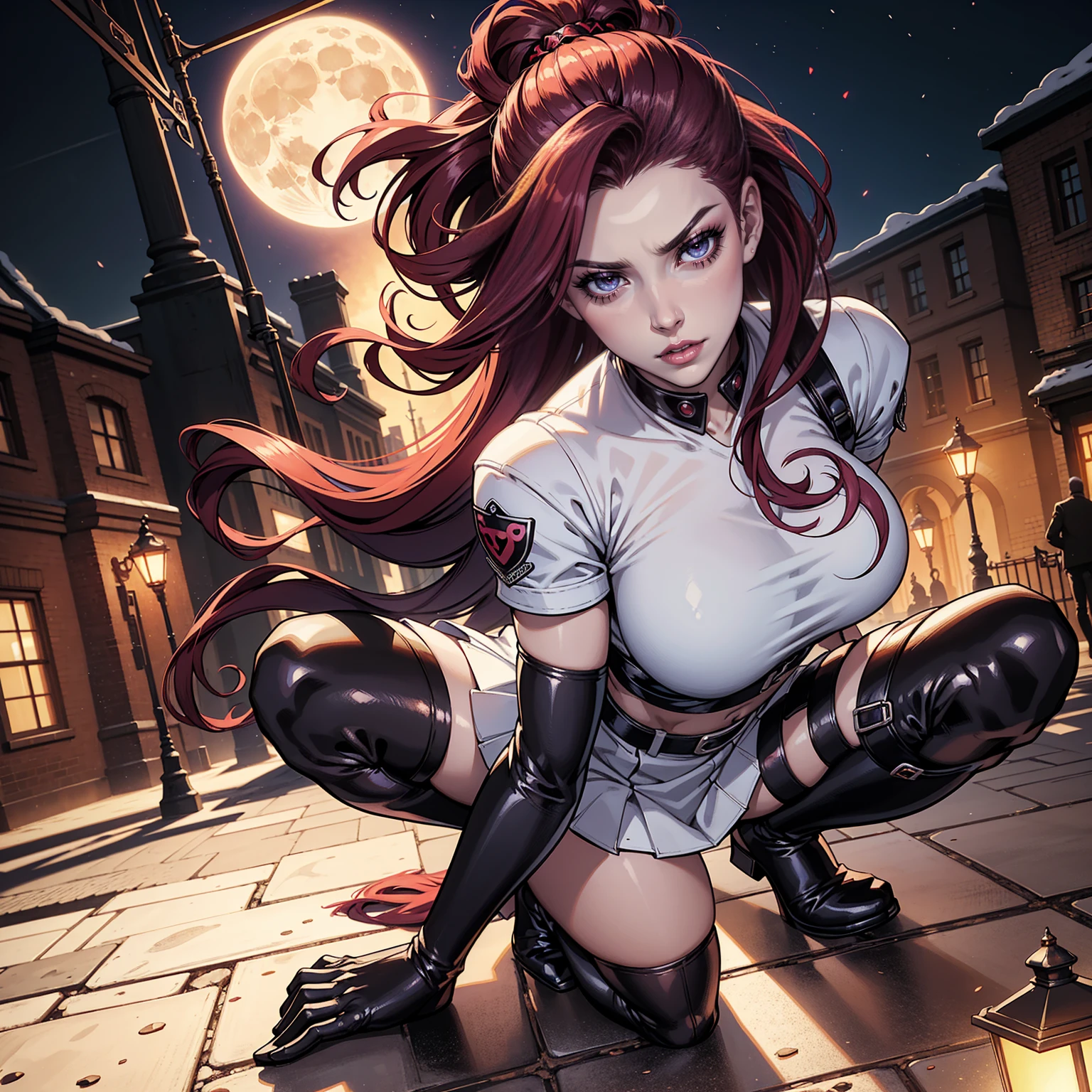 Masterpiece, best quality, 4k, Insanely Definition, uncensored, rating explicit, full body, Same Girl , Perfect Beautiful , Pokémon character Jessie, team rocket uniform - Jessie , gigantic breasts, red violet hair , Extreme Detailed Portrait With Bokeh Effect , Realistic Lighting , black boots, above knees , ong hair , slicked back hair , Night Street View , Dark Vibe , Crowd , Gothic Makeup, black gloves , white skin , red lipstick , giant red R on shirt , white crop top, white skirt, Posing Like a Model , Look at Viewer, cool lighting, blue street lamp light, moonlight ambiance light