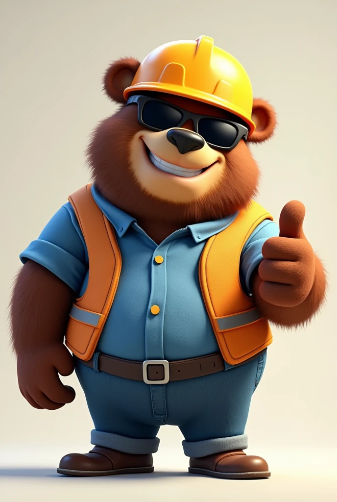 Bear Face, big fit ass, Stately, bonitas, stark, stylish, iron, wearing a construction helmet. sunglasses. Put on a pair of pants. put on a blue shirt put on a shoe. reduce belly. put a bigger head. Pixar-style. put your thumbs up. Take a close-up of the face