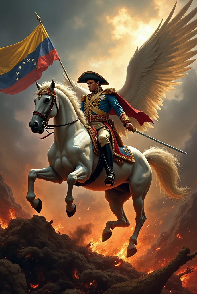 Bolivar on his white horse with his military uniform of the time and his sword and Saint Michael the Archangel and his sword battling against demons that rise from hell with the flag of Venezuela in the sky in the background