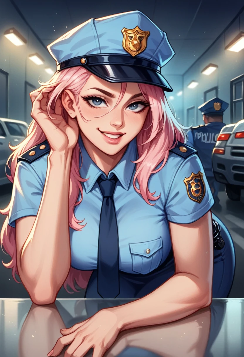 Woman, adult, withe hair, sexy police officer in uniform, night, soft light, facial details, diabolical smiling, light pink lips, inside a prison, fingers, cop cap, in a police car, view in the reflection in the rearview mirror --Realistic Style-Imagination-