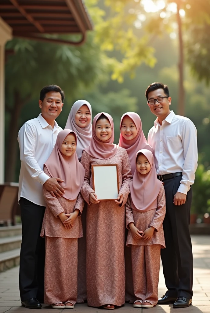 Family photo of a girl graduating wearing a kebaya and hijab, carrying a diploma in her hand and wearing a toga, there are 3 men, namely father, Brother, and a little brother, and there are 3 women, namely mothers who wear the hijab , Sister who wears hijab, and has a younger sister who is .