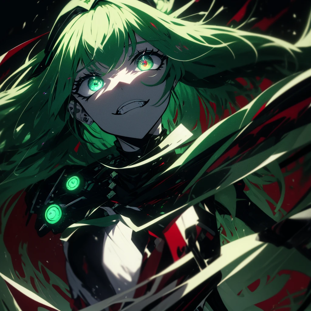 Cybergoth , Sharp green multi-colored Eyes, Exaggerated evil facial expressions , (masterpiece), best quality , bright green hair, multi-colored hair , Space theme , White particles, wallpaper, Gothic , Elf , Anime , HD , Evilness , Demon lord , Cosmic Being , gore , Goddess , psychopath , Dark Theme , provocative smile, closed mouth , heterochromia, portrait , chains, yameroyandere, constricted pupils, yandere, empty eyes, shaded face, crazy eyes, glowing eyes, crazy smile, dark , Very Small breast