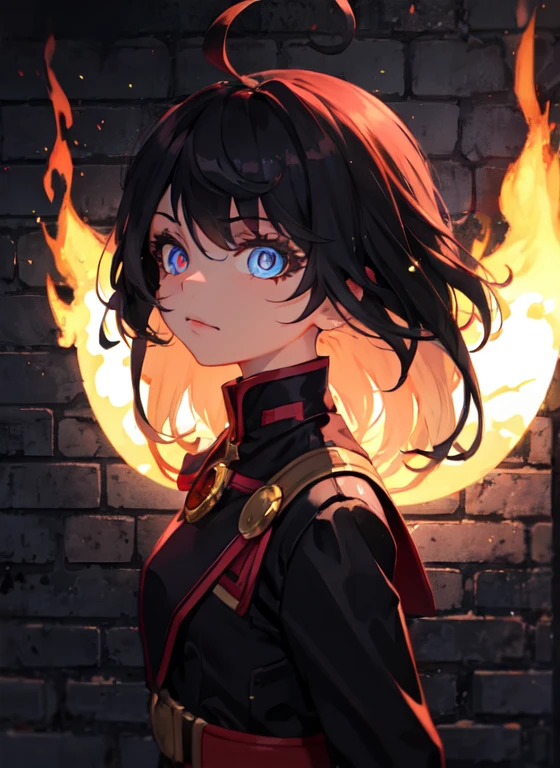 1 girl, Bblack hair, Eyes red, fire witch, bloodstains, Light particles, lightrays, wall-paper, hight contrast, colorfully,