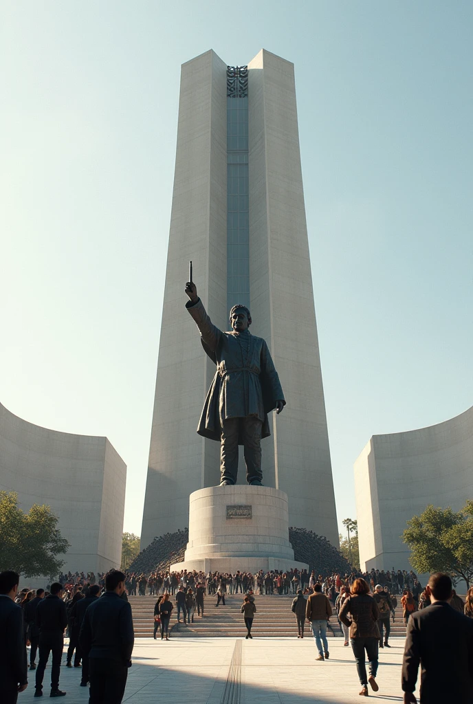 Monument in honor of Tupac Amaru II in a modern plaza. In the background, People of different ages and ethnicities pay tribute