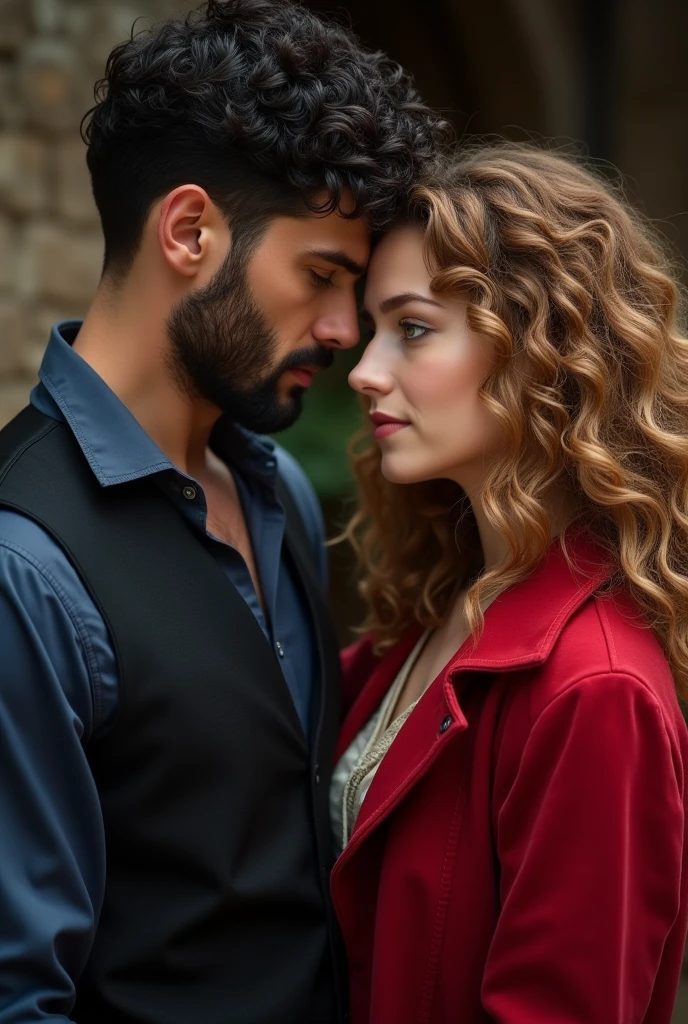 A dark-haired man with very curly hair and a short gradient cut, with characteristic features of ancient men having a well-defined jaw, clean shaven black eyes in a black vest and navy blue dress shirt seducing a young woman with curly hair and blond at the ends caramel colored with green eyes and a red coat. The boy has a very thick beard, the man is about 2 and the girl is too, the man is very strong. 