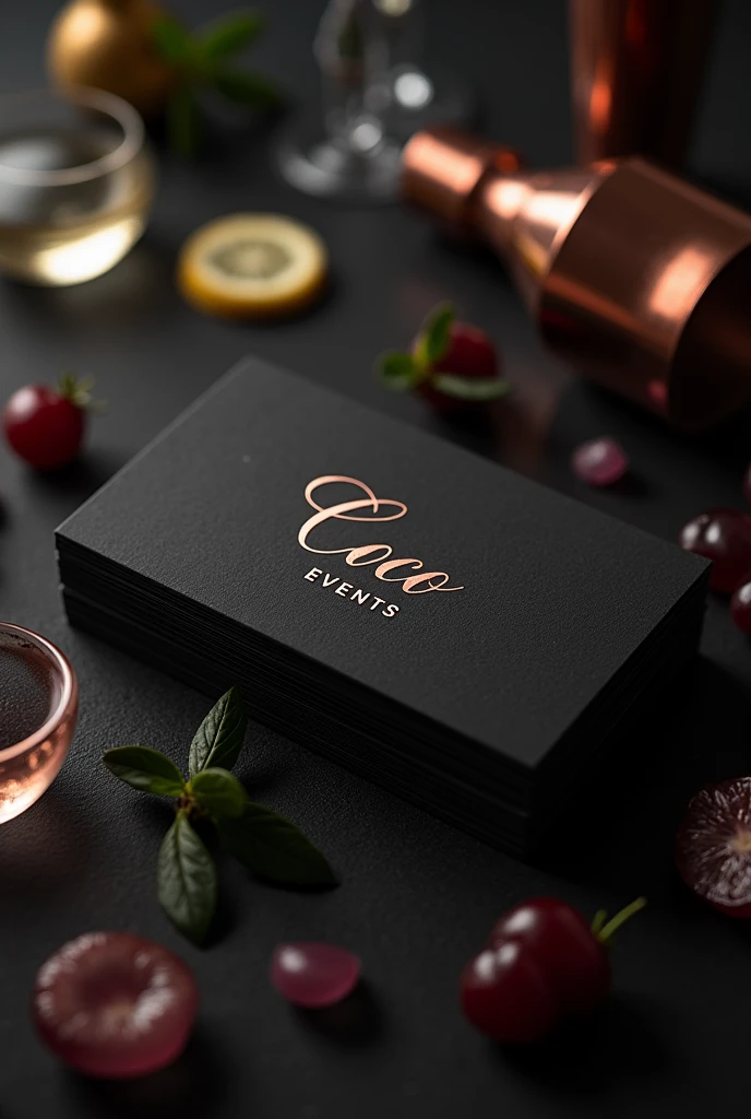 Generate a business card for me that says Coco Events with a background that presents different drinks and the color of the card is black