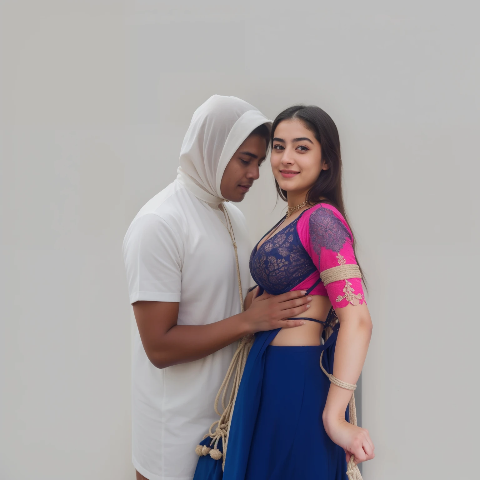 Bondage scene, low angle shot of close up photo of ananya pandey, big cheeks, sexy navel, doing push ups in a bed, gagged with a ball gag harness with her clamped suspended in a hogtie bondage, see through dress, tied with ropes, perfect figure, swooping breasts, deep cleavage, ponytail hair, necklace, look at viewer and smile, (cinematic:1.3), intricate details, (ArtStation:1.2)