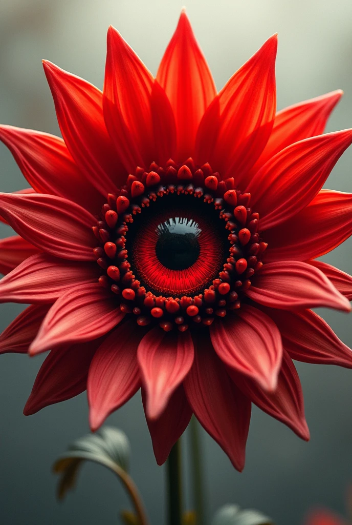 Flower with bright red leaves in the center is a black eye with a red pupil