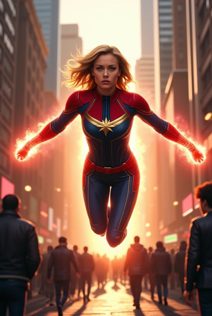 Image of Captain Marvel Carol Danvers with medium hair in the city center walking and showing her power of flight
