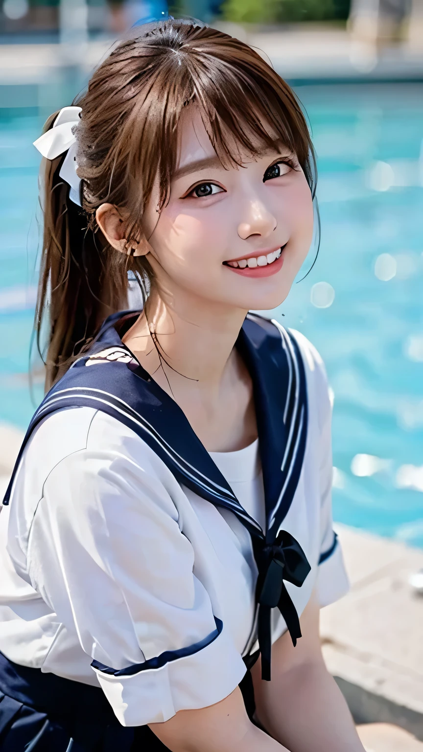  (Highest quality, DSLR, 8k, Top quality, High resolution, Top quality, Top resolution, Very beautiful woman, Perfect anatomy), Light brown eyes, Very light brown eyes, Small diamond-shaped earrings, Looking directly at the camera, Beautiful brown hair, ((Baby face, loose and cute medium ponytail)), Very short and beautiful bangs with brown hair, E-cup bust, Not showing décolletage, Very beautiful 20-year-old, Lip gloss, Smiling very happily, Very cute smile, Upper teeth, Beautiful teeth, (Random summer sea or pool horizon (background only), Slightly larger eyes, Small face, Tall supermodel, Beautifully toned model, Random cute poses, Dynamic angle, Eye focus, Head tilt, Very detailed and realistic, Very beautiful 20-year-old, ((Medium Shot)), Sharp jawline, ((White-based sailor suit, Navy or black ribbon)), Deep waistline, Sexy legs, Side view, Smiling very happily, Laughing, Summer noon