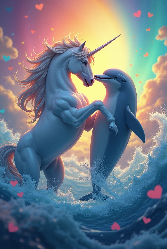 Unicorn and strong and big and strong dolphin swimming rainbow and heart and star love hugging