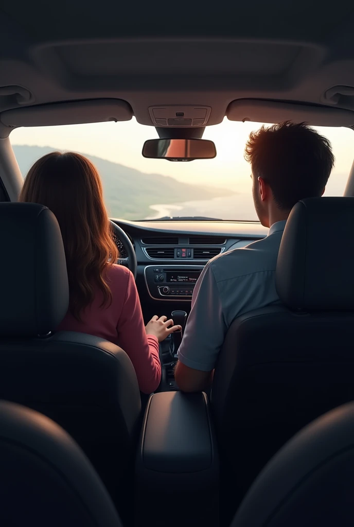 A woman and a man in the front seats of a car seen from behind 