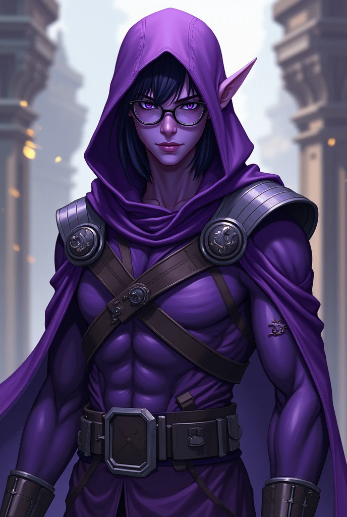 Create a male elf there with purple skin and there with purple combat clothes and a hood of the same color somewhat wasted with glasses and that is anime style