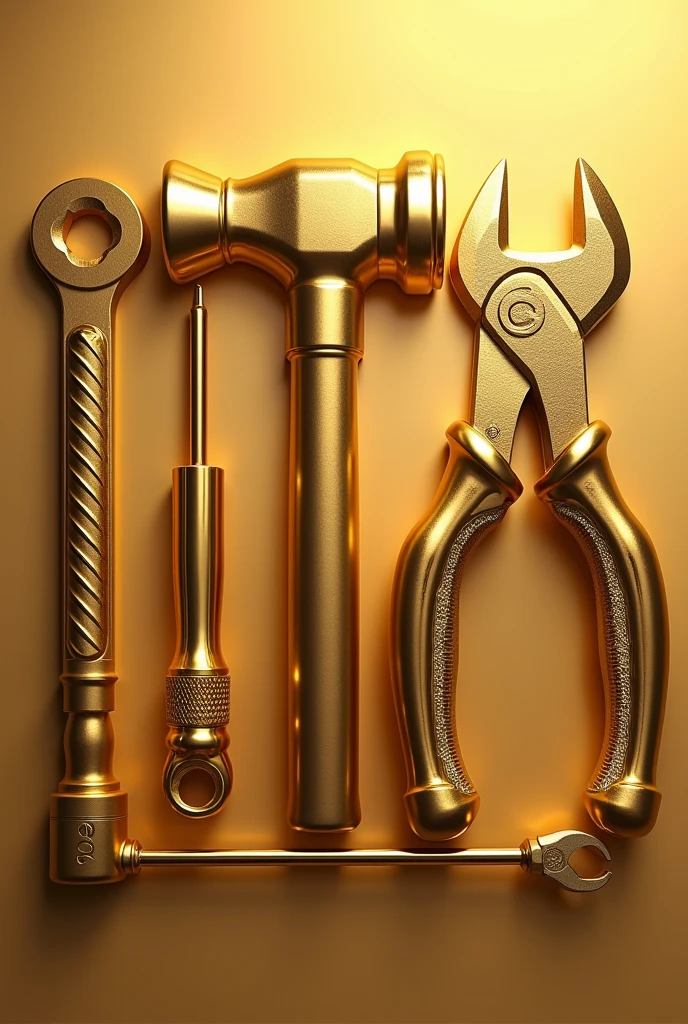 Create an eye-catching image for an Instagram post that showcases a variety of construction tools, including a hammer, wrench, screwdriver, and pliers, all in stunning golden tones. The background should be simple and elegant, emphasizing the tools as the main focus. The golden hues should give a luxurious and polished vibe, perfect for capturing attention and inspiring creativity in home improvement projects. Aim for a clean layout that balances the tools while highlighting their intricate details."