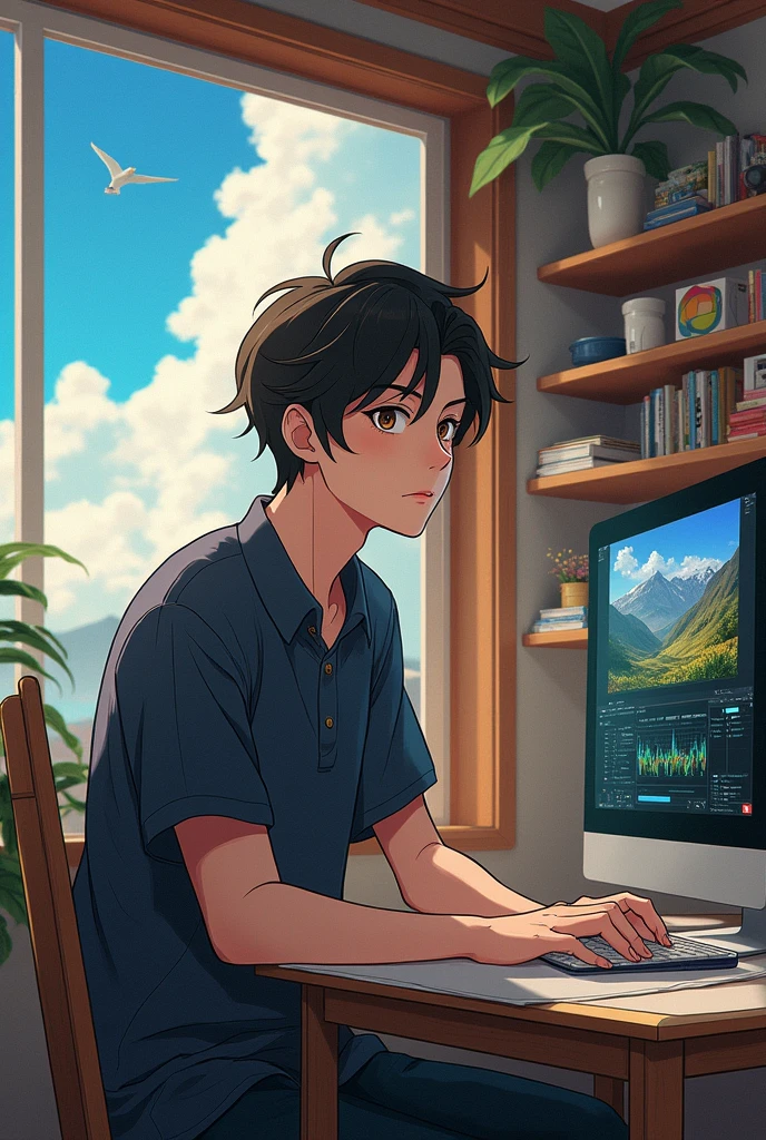 ((Highest quality)), ((masterpiece)), (detailed),Neutral video editor、Looks like a creator、Background is paint、Drawing is anime style