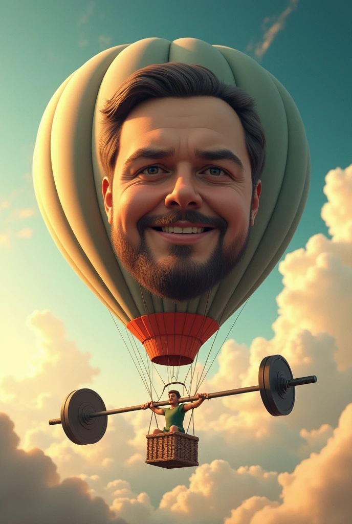 A balloon with men's face lifting a gym weigh bar, 8K, High Quality