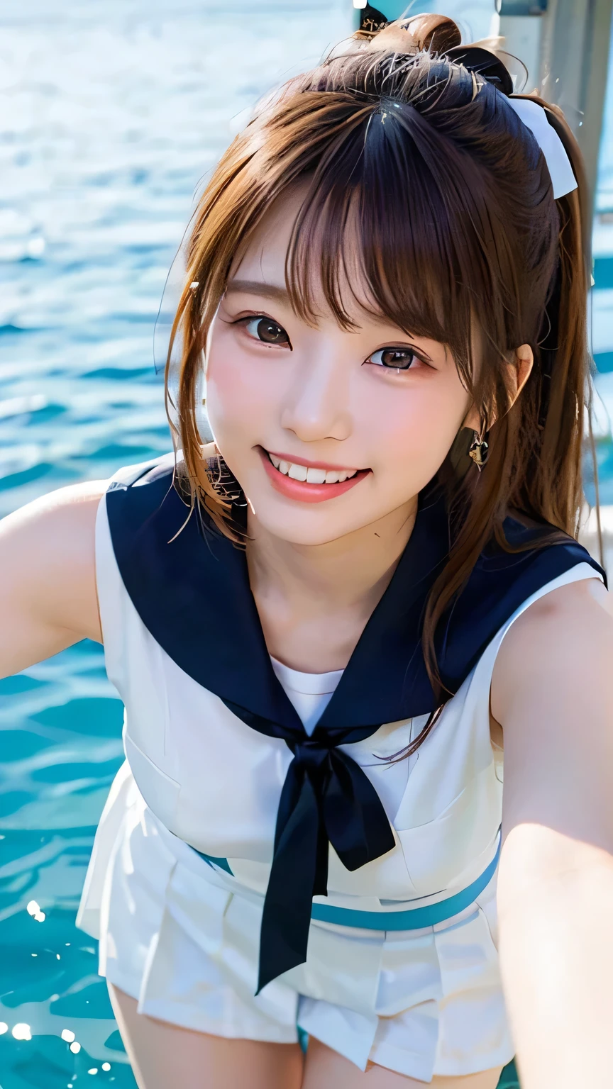 (Highest quality, DSLR, 8k, Top quality, High resolution, Top quality, Top resolution, Very beautiful woman, Perfect anatomy), Light brown eyes, Very light brown eyes, Small diamond-shaped earrings, Looking directly at the camera, Beautiful brown hair, ((Baby face, loose and cute medium ponytail)), Very short and beautiful bangs with brown hair, E-cup bust, Not showing décolletage, Very beautiful 20-year-old, Lip gloss, Smiling very happily, Very cute smile, Upper teeth, Beautiful teeth, (Random summer sea or pool horizon (background only), Slightly larger eyes, Small face, Tall supermodel, Beautifully toned model, Random cute poses, Dynamic angle, Eye focus, Head tilt, Very detailed and realistic, Very beautiful 20-year-old, ((Medium Shot)), Sharp jawline, ((White-based sailor suit, Navy or black ribbon)), Deep waistline, Sexy legs, Side view, Smiling very happily, Laughing, Summer noon